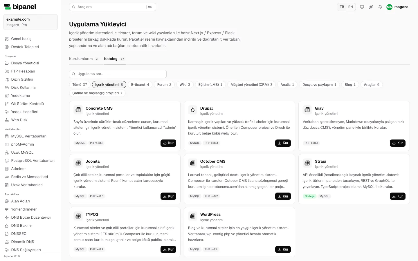 Uygulama yükleyici kataloğu: WordPress, WooCommerce, Joomla, Drupal, Moodle ve diğer uygulamalar kategorilere ayrılmış.