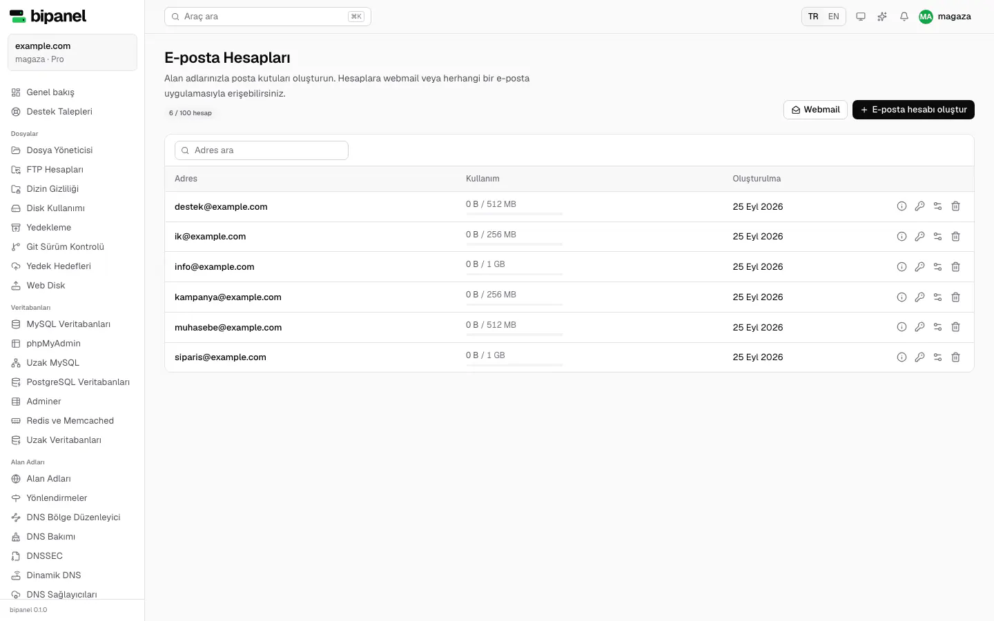 E-posta hesapları: example.com posta kutuları, kotaları ve kullanım durumları.