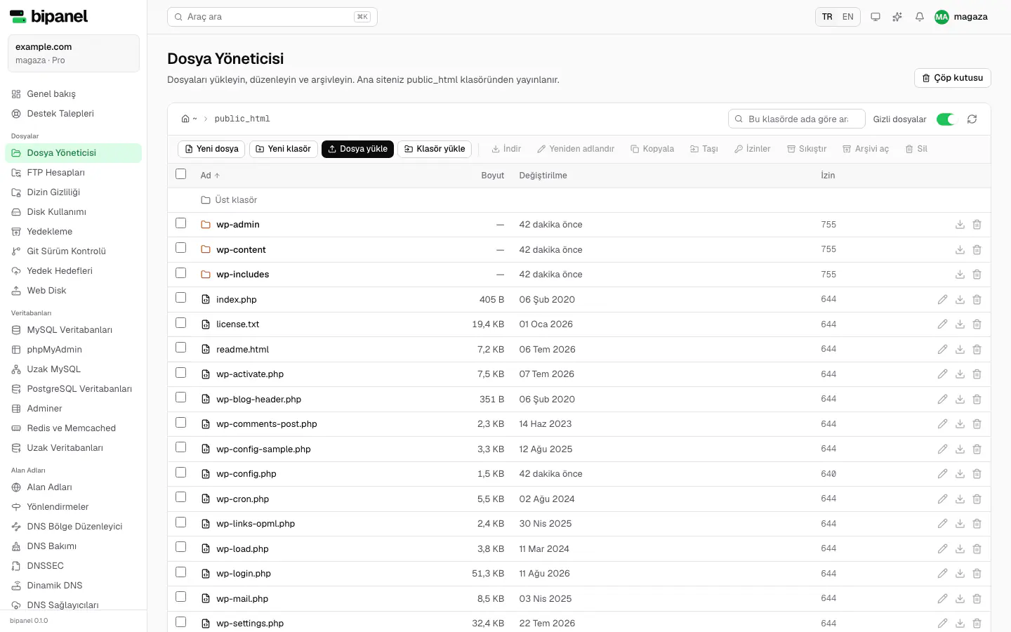 Dosya yöneticisi: public_html klasörü, yükleme, sıkıştırma, izinler ve arama araçları.