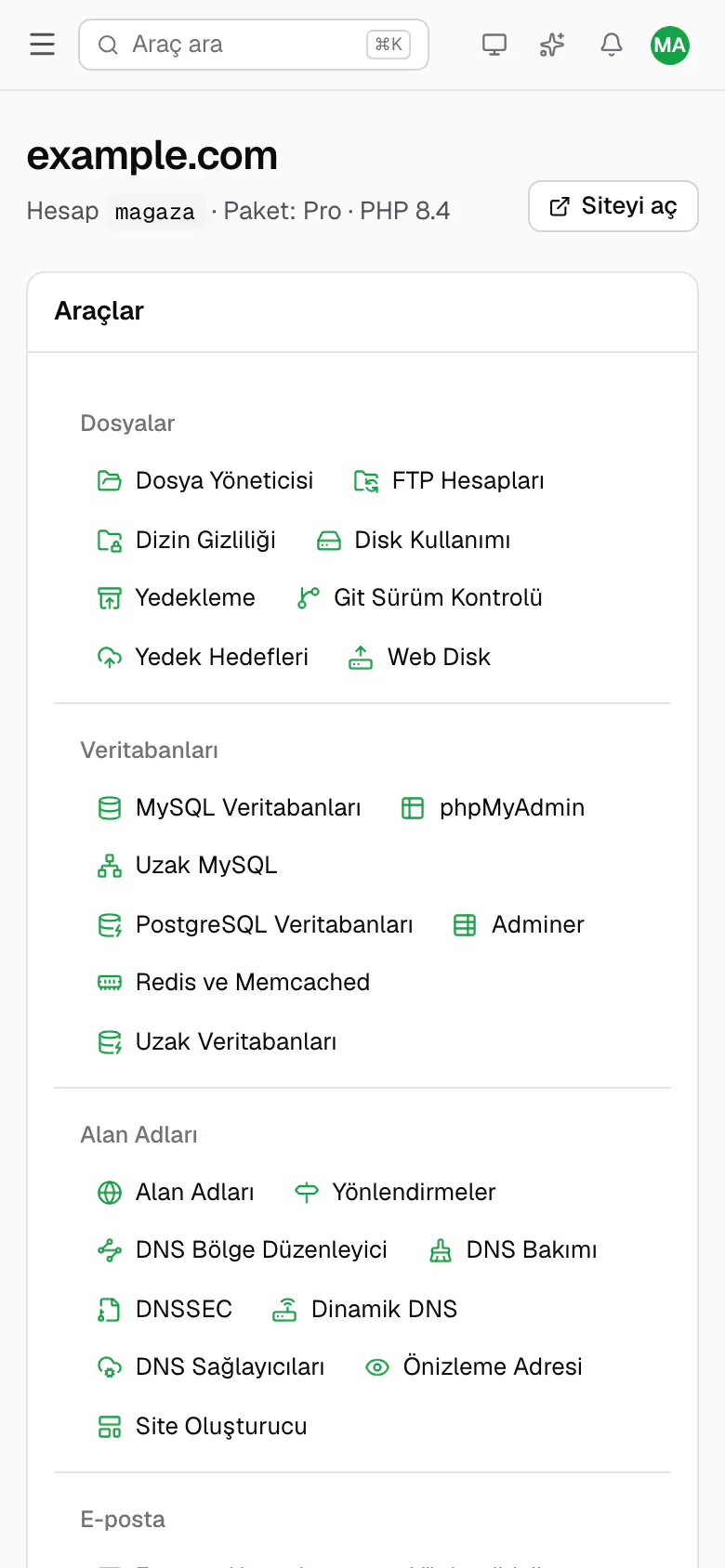 Telefonda kullanıcı paneli: example.com hesabının genel bakış ekranı.
